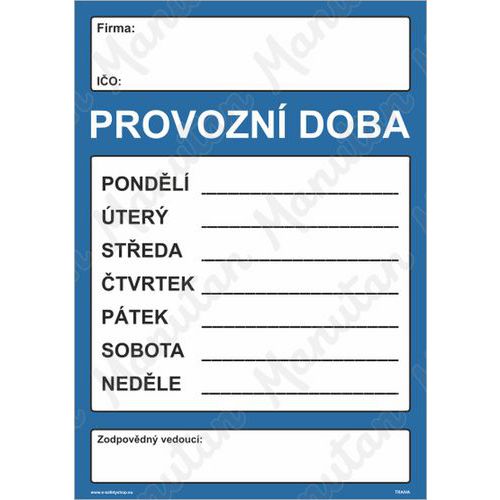 Provozní doba , samolepka 210 x 297 x 0,1 mm A4