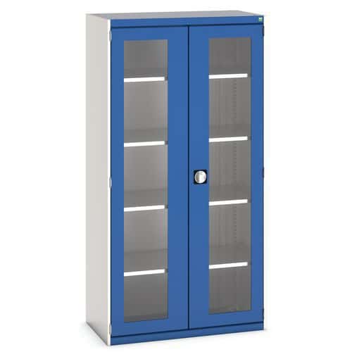 Dílenská skříň s průhlednými dveřmi Bott Cubio, 200 x 105 x 52,5 cm, 4 police, šedá-modrá