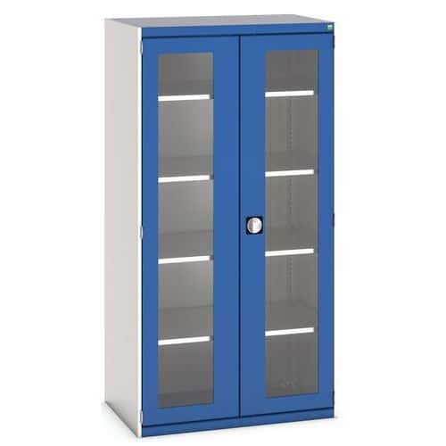 Dílenská skříň s průhlednými dveřmi Bott Cubio, 200 x 105 x 65 cm, 4 police, šedá-modrá