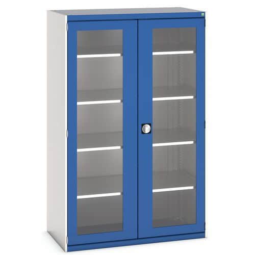 Dílenská skříň s průhlednými dveřmi Bott Cubio, 200 x 130 x 65 cm, 4 police, šedá-modrá
