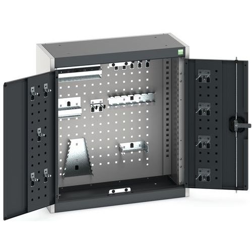 Závěsná skříňka Bott Cubio s držáky na nářadí a perfopanely, 70 x 65 x 32,5 cm, 20 držáků, šedá-antracit