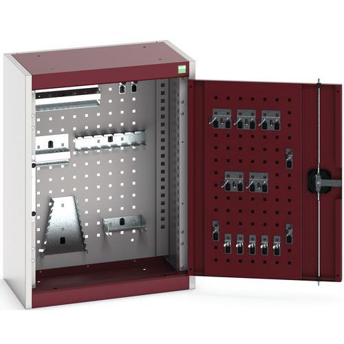 Závěsná skříňka Bott Cubio s držáky na nářadí a perfopanely, 70 x 52,5 x 32,5 cm, 20 držáků, šedá-červená