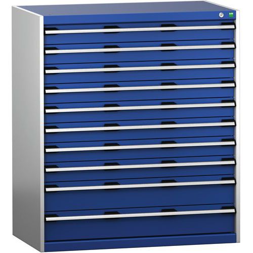 Dílenská zásuvková skříň Bott Cubio 200, 120 x 105 x 65 cm, 10 zásuvek, šedá-modrá