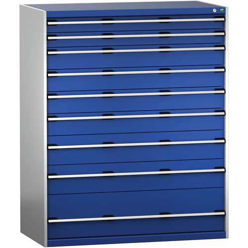 Dílenská zásuvková skříň Bott Cubio 200, 160 x 130 x 75 cm, 9 zásuvek, šedá-modrá