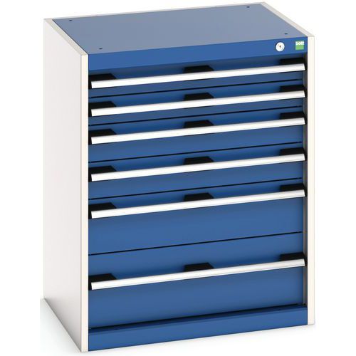 Dílenská zásuvková skříň Bott Cubio, 80 x 65 x 52,5 cm, 6 zásuvek, šedá-modrá