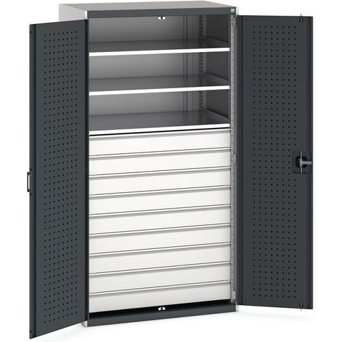 Dílenská skříň se zásuvkami Bott Cubio, 200 x 105 x 65 cm, 3 police, 9 zásuvek, šedá-antracit