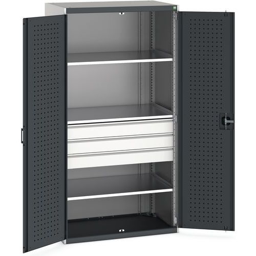 Dílenská skříň se zásuvkami Bott Cubio, 200 x 105 x 65 cm, 3 police, 3 zásuvky, šedá-antracit