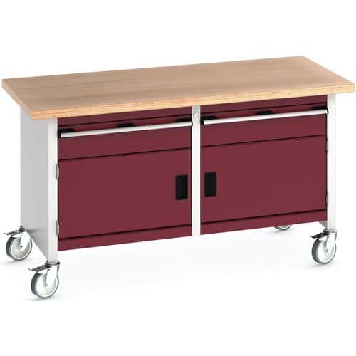 Mobilní dílenský stůl Bott Cubio Storage, 84 x 150 x 75 cm, 2 zásuvky, 2 skříňky, multiplex, šedá-červená