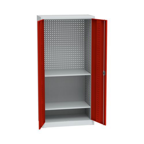 Kovová dílenská skříň na nářadí, 2 police, 195 x 95 x 50 cm, světle šedá/červená