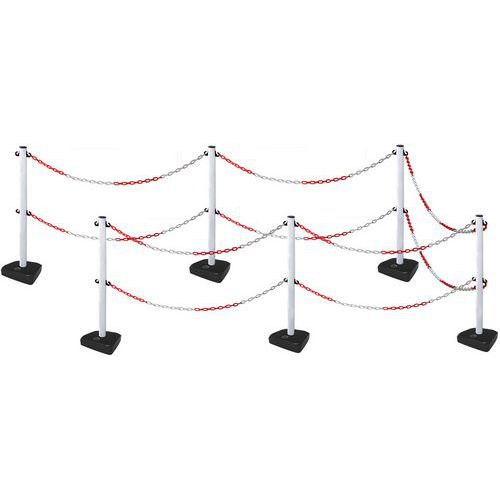 Plastové zahrazovací sloupky Manutan Expert s řetězem, 90 cm, 6 ks, bílé