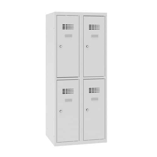 Snížená školní šatní skříň, 4 oddíly, 300 mm, šedá/šedá, cylindrický zámek