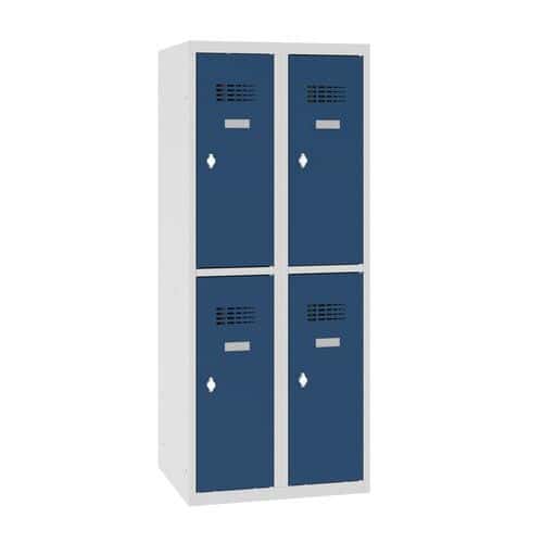 Snížená školní šatní skříň, 4 oddíly, 300 mm, šedá/tmavě modrá, otočný uzávěr