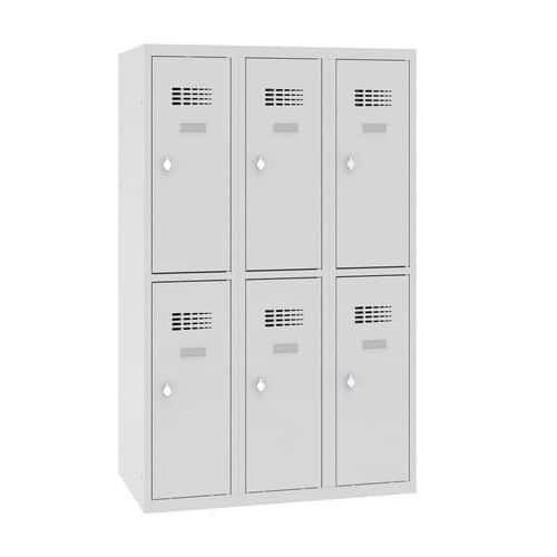 Snížená školní šatní skříň, 6 oddílů, 300 mm, šedá/šedá, otočný uzávěr