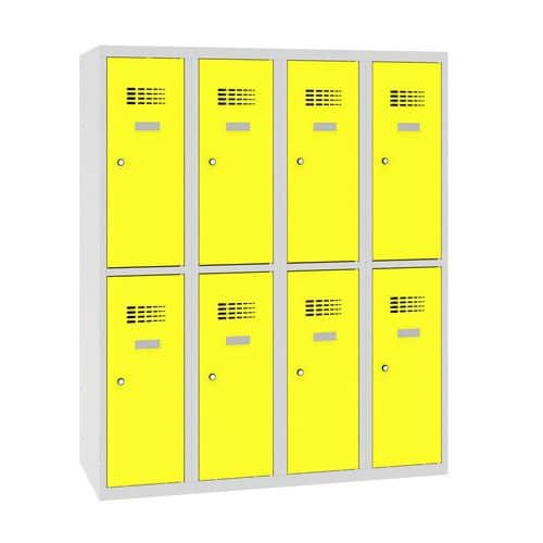 Snížená školní šatní skříň, 8 oddílů, 300 mm, šedá/žlutá, cylindrický zámek