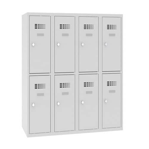Snížená školní šatní skříň, 8 oddílů, 300 mm, šedá/šedá, otočný uzávěr