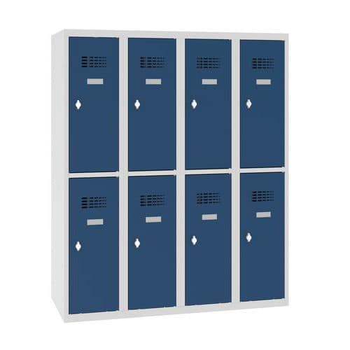 Snížená školní šatní skříň, 8 oddílů, 300 mm, šedá/tmavě modrá, otočný uzávěr