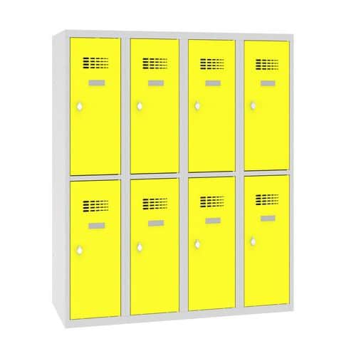 Snížená školní šatní skříň, 8 oddílů, 300 mm, šedá/žlutá, otočný uzávěr