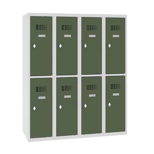 Snížená školní šatní skříň, 8 oddílů, 300 mm, šedá/zelená, otočný uzávěr