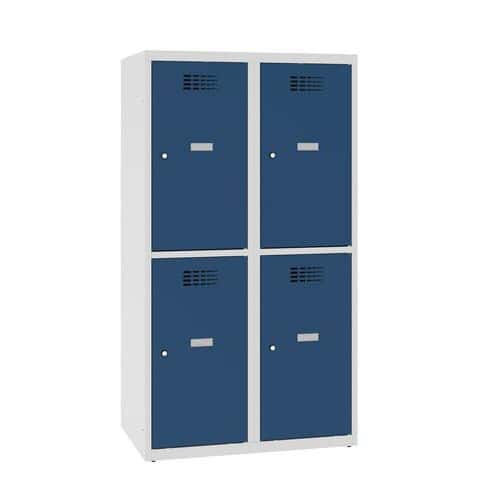 Snížená školní šatní skříň, 4 oddíly, 400 mm, šedá/tmavě modrá, cylindrický zámek
