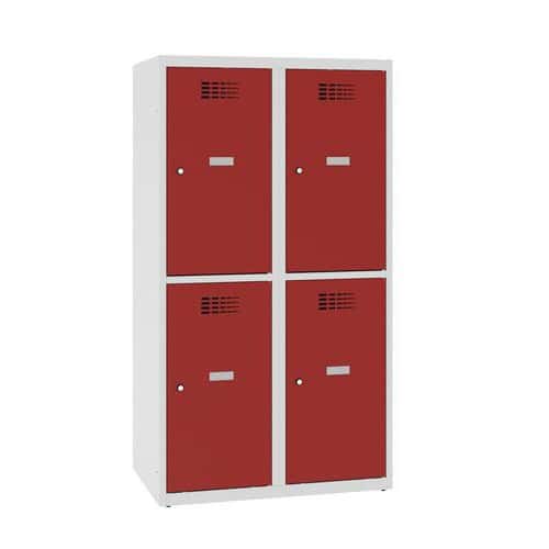 Snížená školní šatní skříň, 4 oddíly, 400 mm, šedá/červená, cylindrický zámek