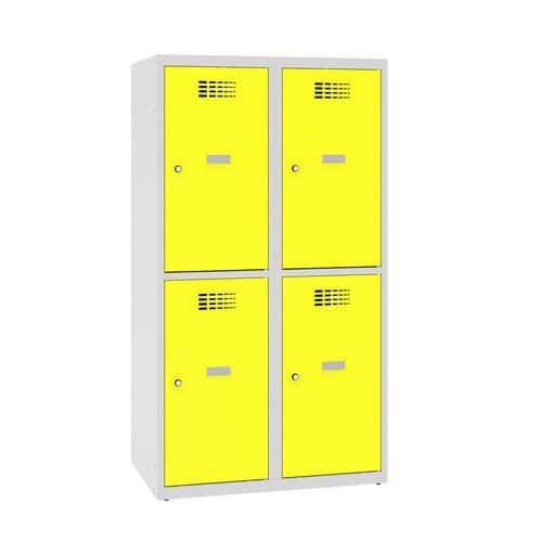 Snížená školní šatní skříň, 4 oddíly, 400 mm, šedá/žlutá, cylindrický zámek