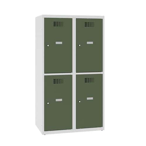 Snížená školní šatní skříň, 4 oddíly, 400 mm, šedá/zelená, cylindrický zámek