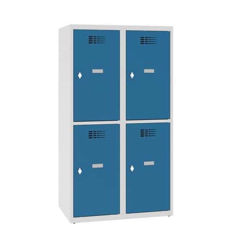 Snížená školní šatní skříň, 4 oddíly, 400 mm, šedá/modrá, otočný uzávěr