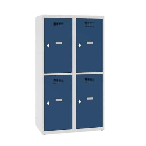Snížená školní šatní skříň, 4 oddíly, 400 mm, šedá/tmavě modrá, otočný uzávěr