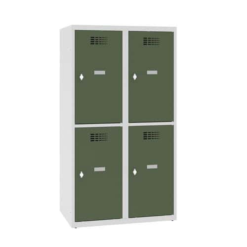 Snížená školní šatní skříň, 4 oddíly, 400 mm, šedá/zelená, otočný uzávěr