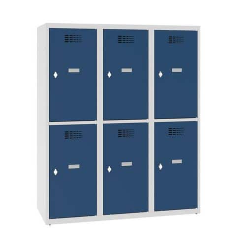 Snížená školní šatní skříň, 6 oddílů, 400 mm, šedá/tmavě modrá, otočný uzávěr