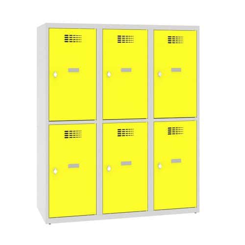 Snížená školní šatní skříň, 6 oddílů, 400 mm, šedá/žlutá, otočný uzávěr