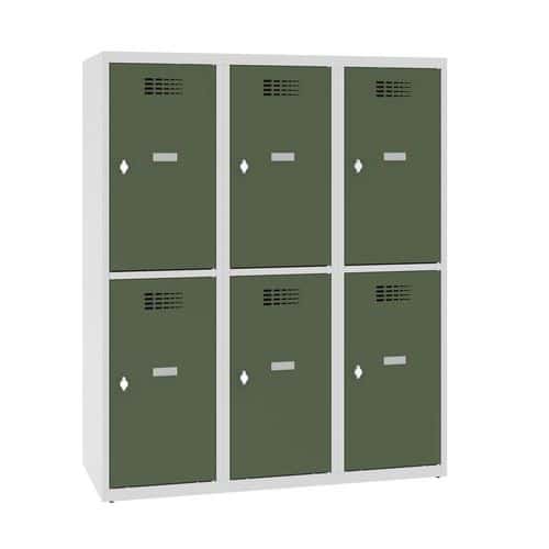 Snížená školní šatní skříň, 6 oddílů, 400 mm, šedá/zelená, otočný uzávěr