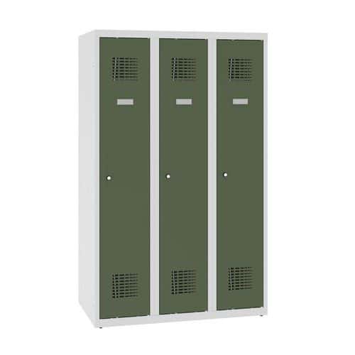 Snížená školní šatní skříň, 3 sloupce, 300 mm, šedá/zelená, cylindrický zámek