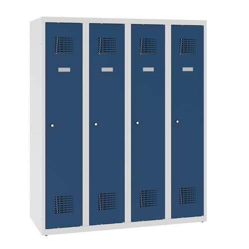 Snížená školní šatní skříň, 4 sloupce, 300 mm, šedá/tmavě modrá, cylindrický zámek