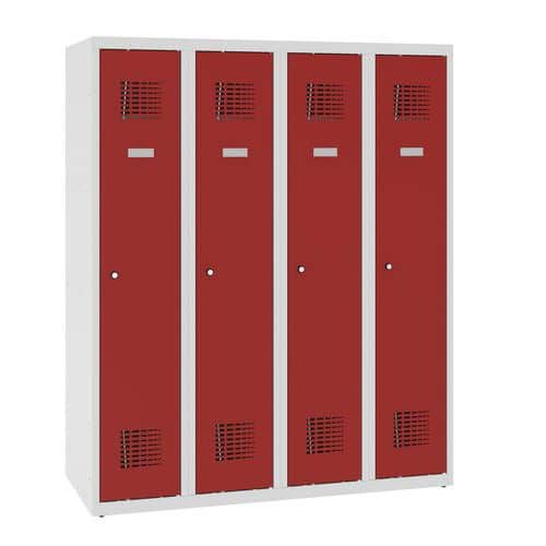 Snížená školní šatní skříň, 4 sloupce, 300 mm, šedá/červená, cylindrický zámek