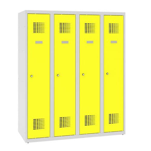 Snížená školní šatní skříň, 4 sloupce, 300 mm, šedá/žlutá, cylindrický zámek