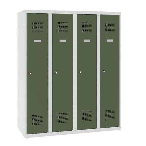 Snížená školní šatní skříň, 4 sloupce, 300 mm, šedá/zelená, cylindrický zámek