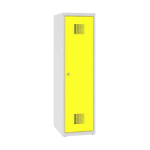 Snížená školní šatní skříň, 1 sloupec, 400 mm, šedá/žlutá, cylindrický zámek