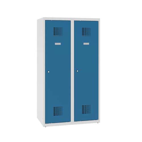 Snížená školní šatní skříň, 2 sloupce, 400 mm, šedá/modrá, cylindrický zámek