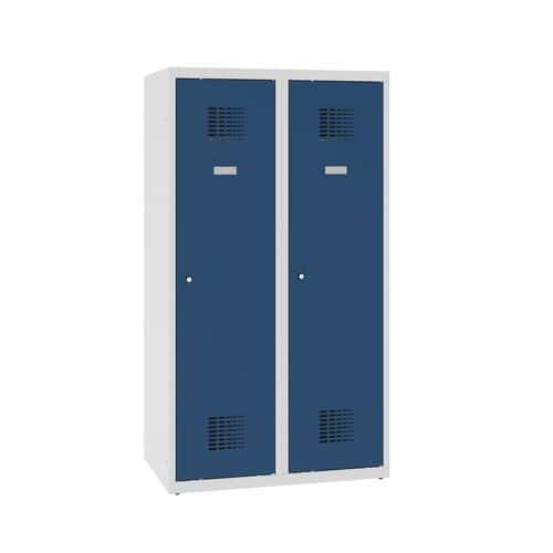 Snížená školní šatní skříň, 2 sloupce, 400 mm, šedá/tmavě modrá, cylindrický zámek
