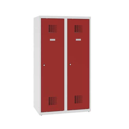 Snížená školní šatní skříň, 2 sloupce, 400 mm, šedá/červená, cylindrický zámek