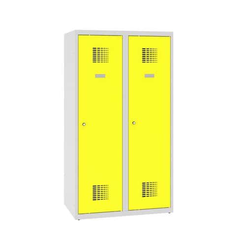 Snížená školní šatní skříň, 2 sloupce, 400 mm, šedá/žlutá, cylindrický zámek