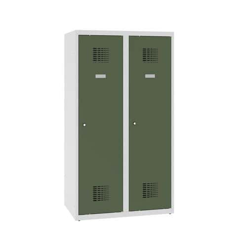 Snížená školní šatní skříň, 2 sloupce, 400 mm, šedá/zelená, cylindrický zámek