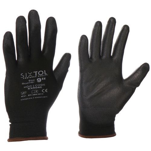 Rukavice pracovní z polyesteru polomáčené v polyuretanu GLOVE PE-PU 9, černé, velikost 9 SIXTOL