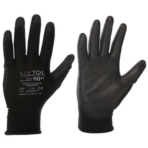 Rukavice pracovní z polyesteru polomáčené v polyuretanu GLOVE PE-PU 10, černé, velikost 10 SIXTOL