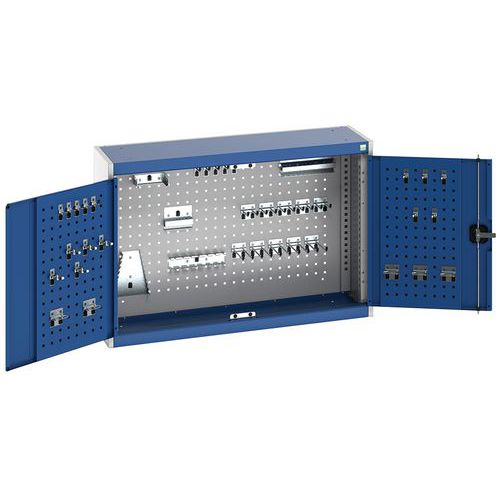 Závěsná skříňka Bott Cubio s držáky na nářadí a perfopanely, 70 x 105 x 32,5 cm, 40 držáků, šedá-modrá