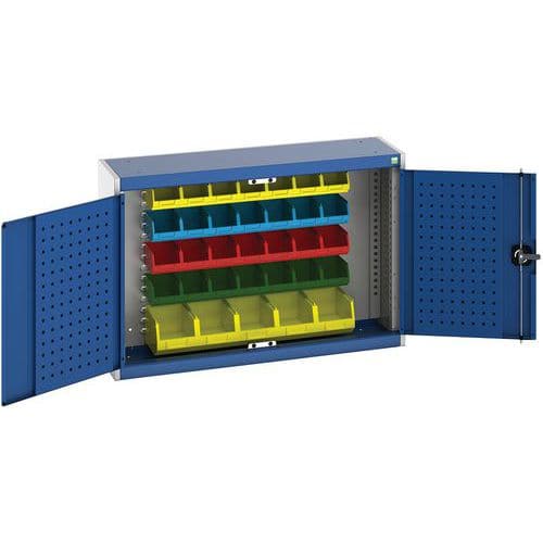 Závěsná skříňka Bott Cubio s boxy a perfopanely na nářadí, 70 x 105 x 32,5 cm, 33 boxů, šedá-modrá