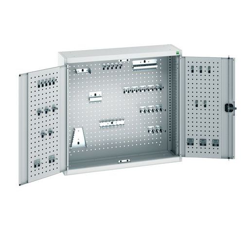 Závěsná skříňka Bott Cubio s držáky na nářadí a perfopanely, 100 x 105 x 32,5 cm, 40 držáků, šedá-šedá