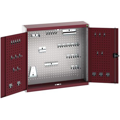 Závěsná skříňka Bott Cubio s držáky na nářadí a perfopanely, 100 x 105 x 32,5 cm, 40 držáků, šedá-červená