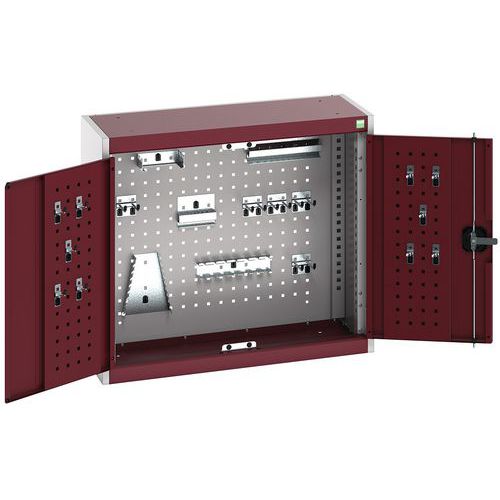 Závěsná skříňka Bott Cubio s držáky na nářadí a perfopanely, 70 x 80 x 32,5 cm, 20 držáků, šedá-červená